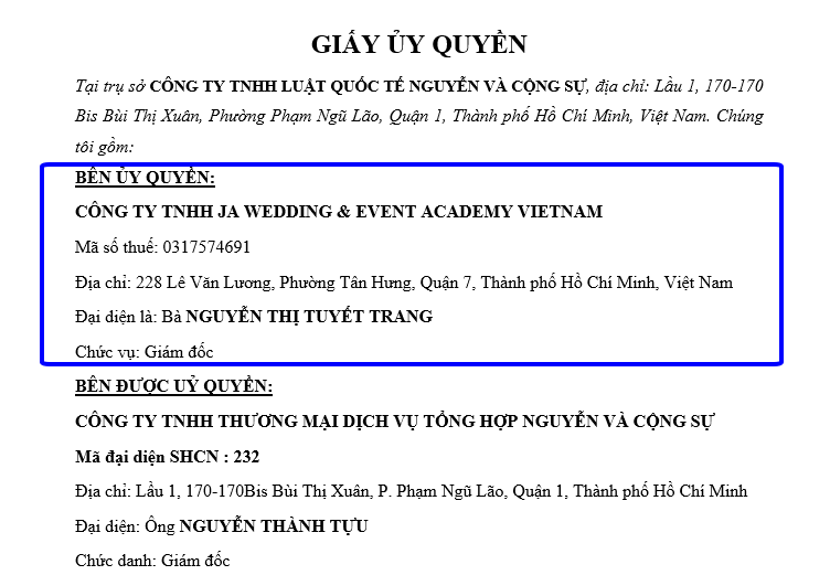 chỉnh sửa thông tin giấy ủy quyền