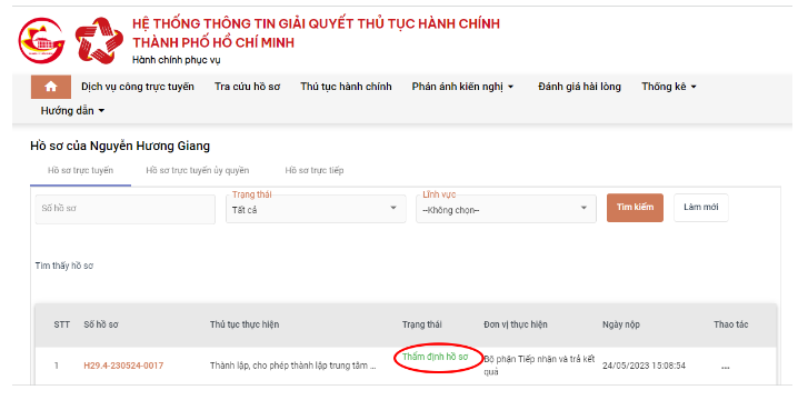 theo dõi tiến trình hồ sơ trên hệ thỗng
