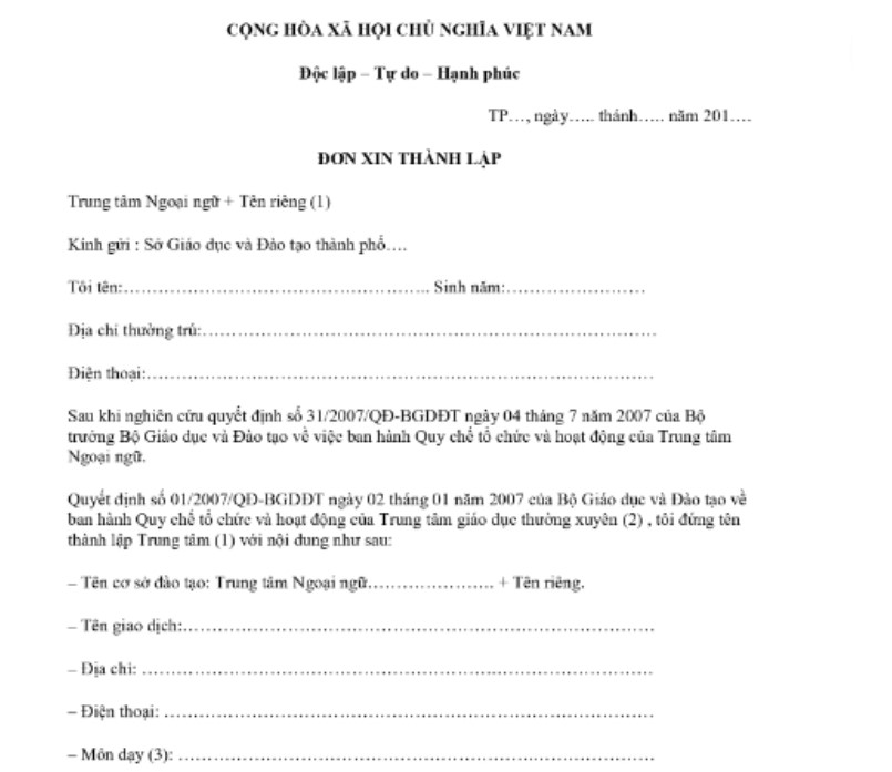 Mẫu tờ trình (đơn xin) thành lập Trung tâm ngoại ngữ